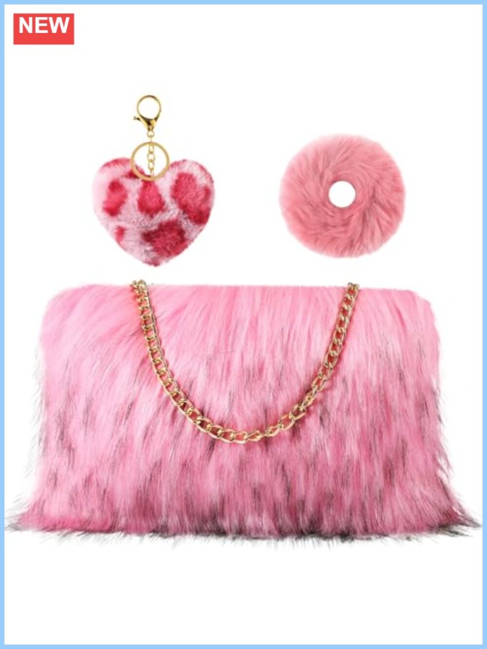 Faux Fur Handbag Set with Heart Keychain & Hair Tie Fuzzy Clutch Purse